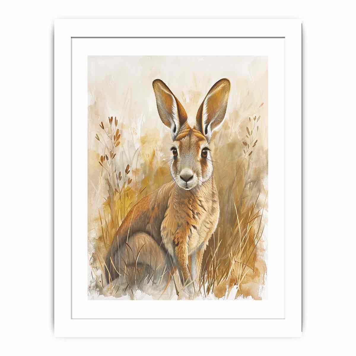 Golden kangaroo canvas art with soft grasses and neutral tones for nursery or bedroom decor.