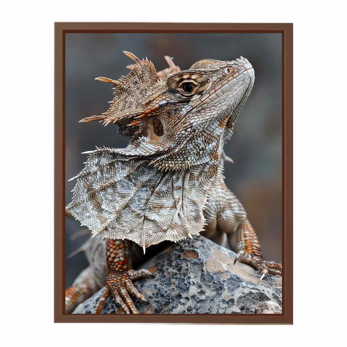Frilled lizard wildlife canvas art for earthy modern living room decor.