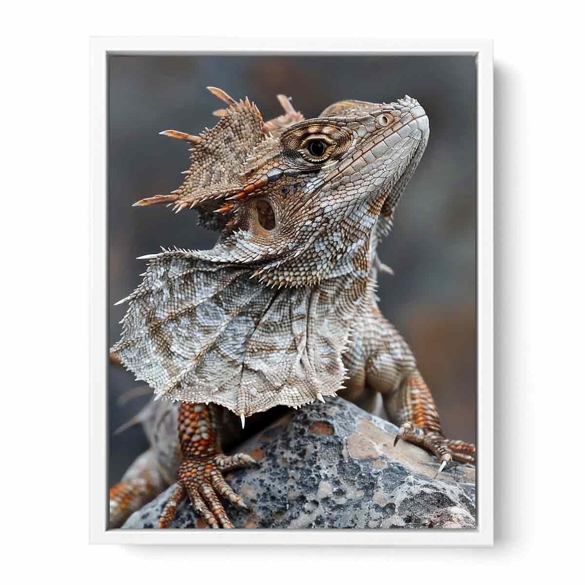 Frilled lizard wildlife canvas art for earthy modern living room decor.
