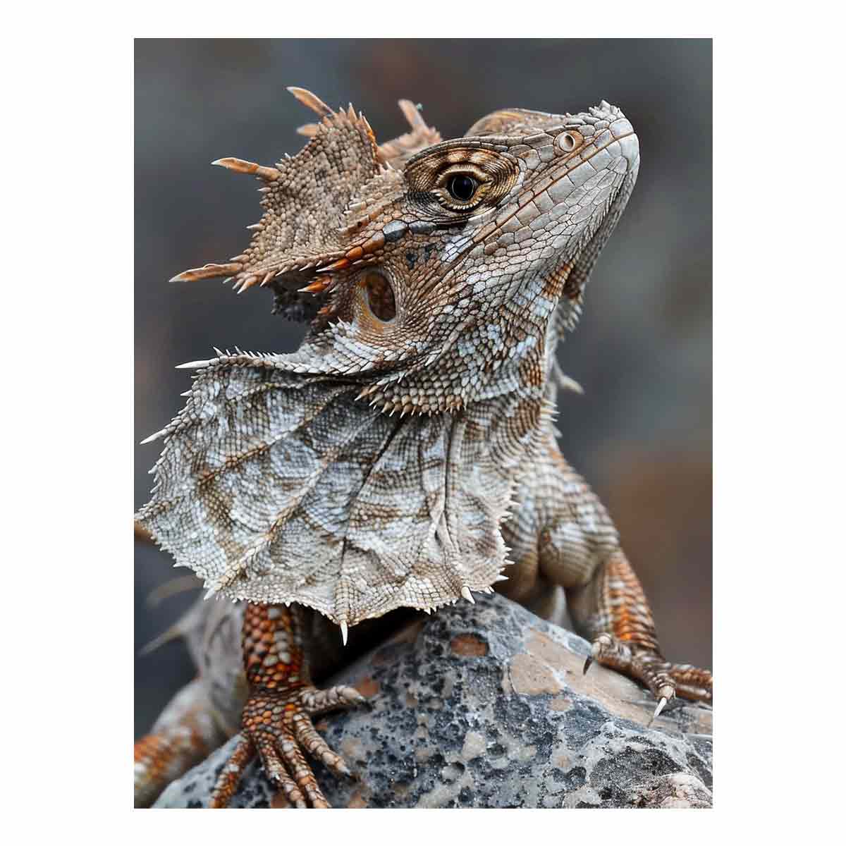 Frilled lizard wildlife canvas art for earthy modern living room decor.