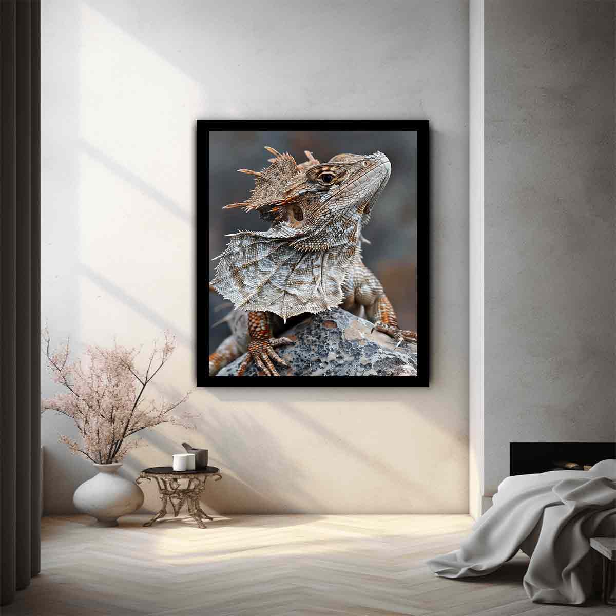 Frilled lizard wildlife canvas art for earthy modern living room decor.