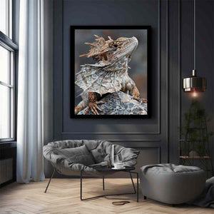 Frilled lizard wildlife canvas art for earthy modern living room decor.