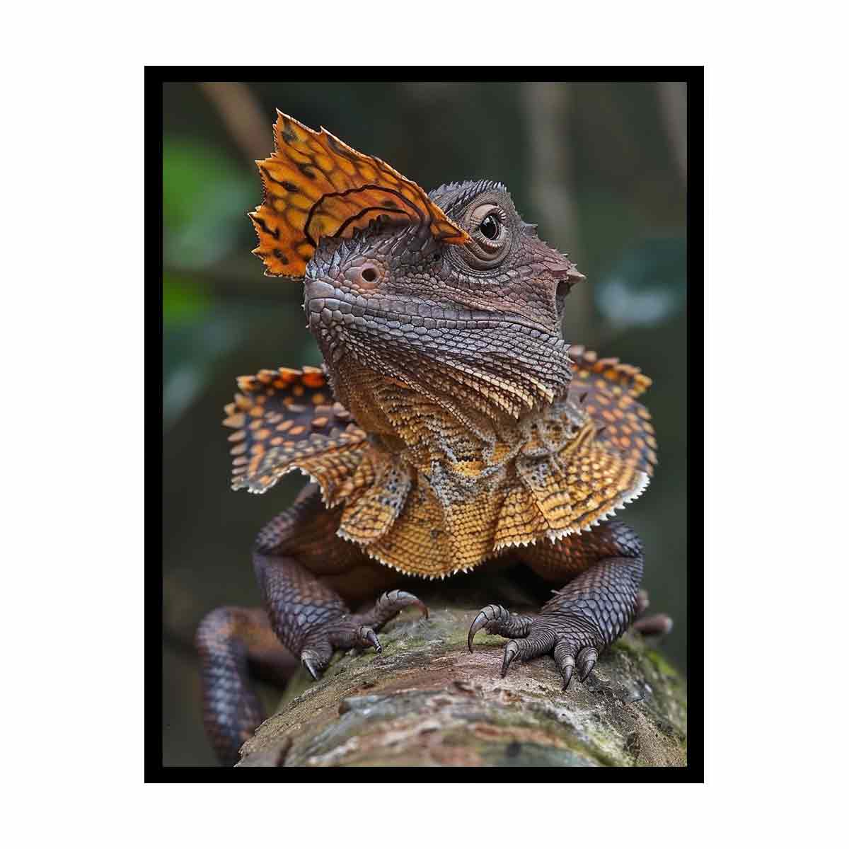 Amber frilled lizard wildlife canvas print for bold modern office decor.