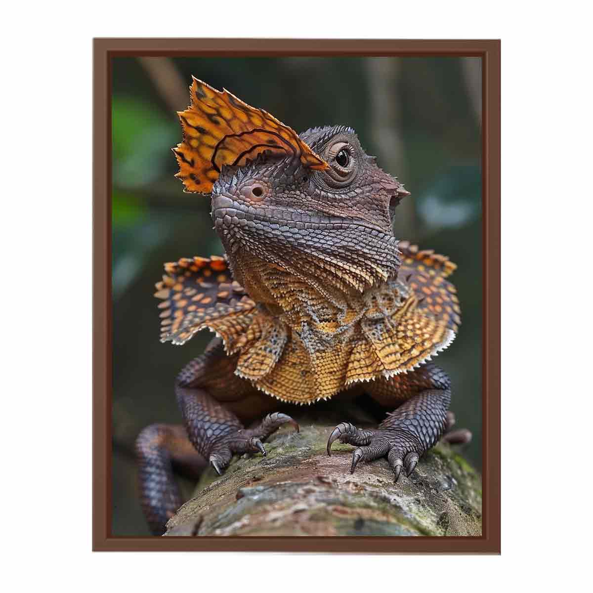 Amber frilled lizard wildlife canvas print for bold modern office decor.