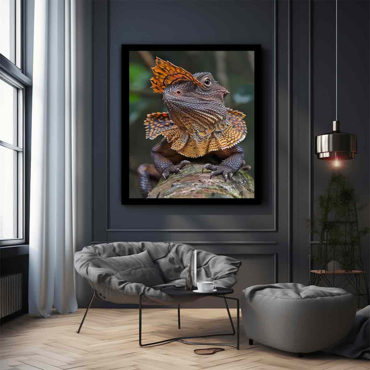 Amber frilled lizard wildlife canvas print for bold modern office decor.