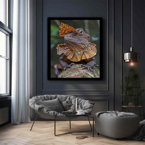Amber frilled lizard wildlife canvas print for bold modern office decor.