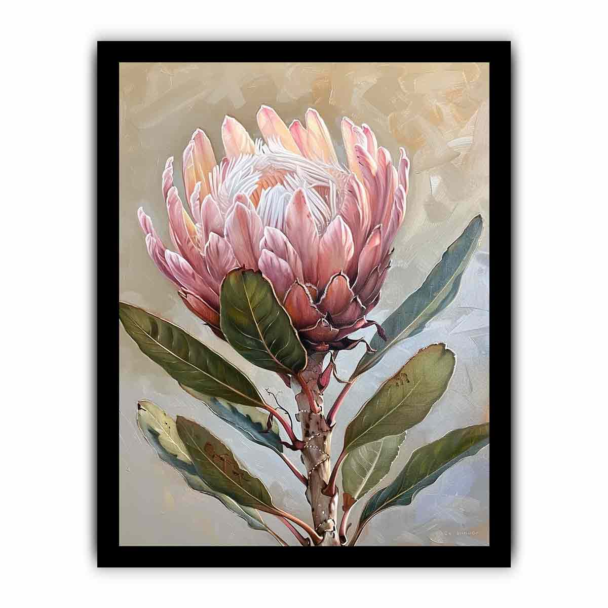 Blush protea botanical canvas art for elegant bedroom wall decor.