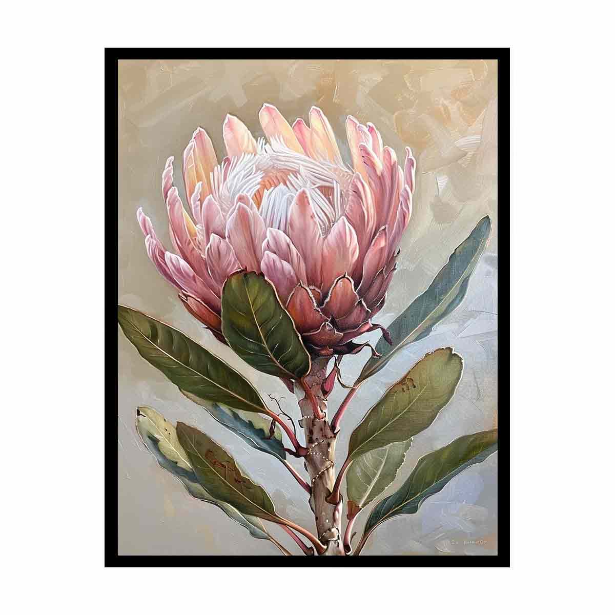 Blush protea botanical canvas art for elegant bedroom wall decor.