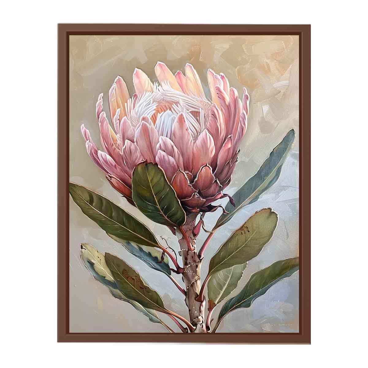 Blush protea botanical canvas art for elegant bedroom wall decor.