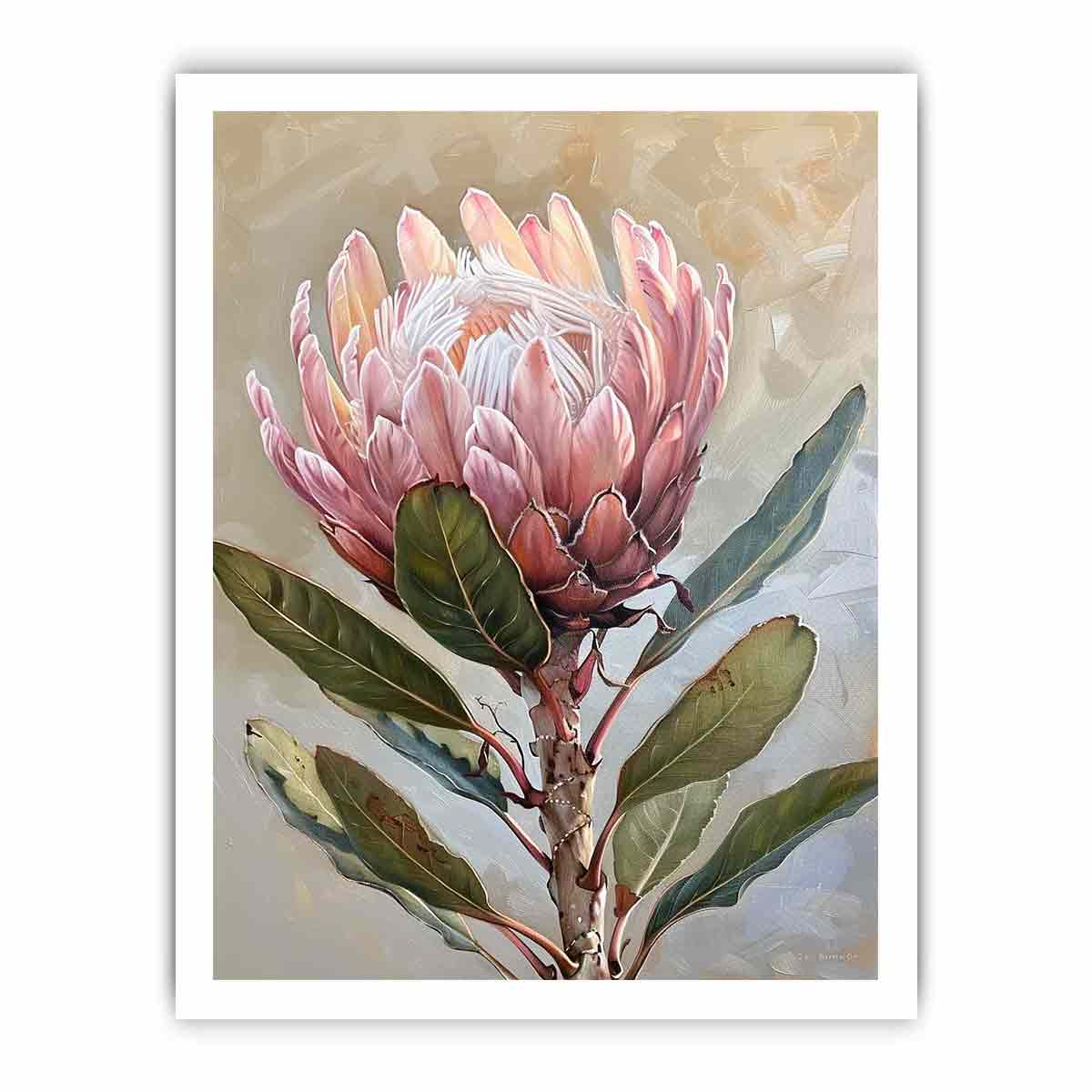 Blush protea botanical canvas art for elegant bedroom wall decor.
