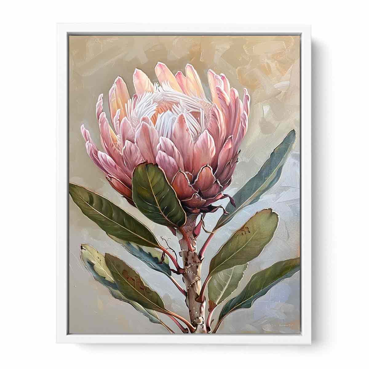 Blush protea botanical canvas art for elegant bedroom wall decor.