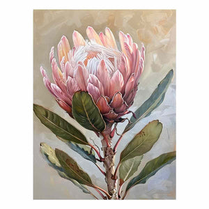 Blush protea botanical canvas art for elegant bedroom wall decor.