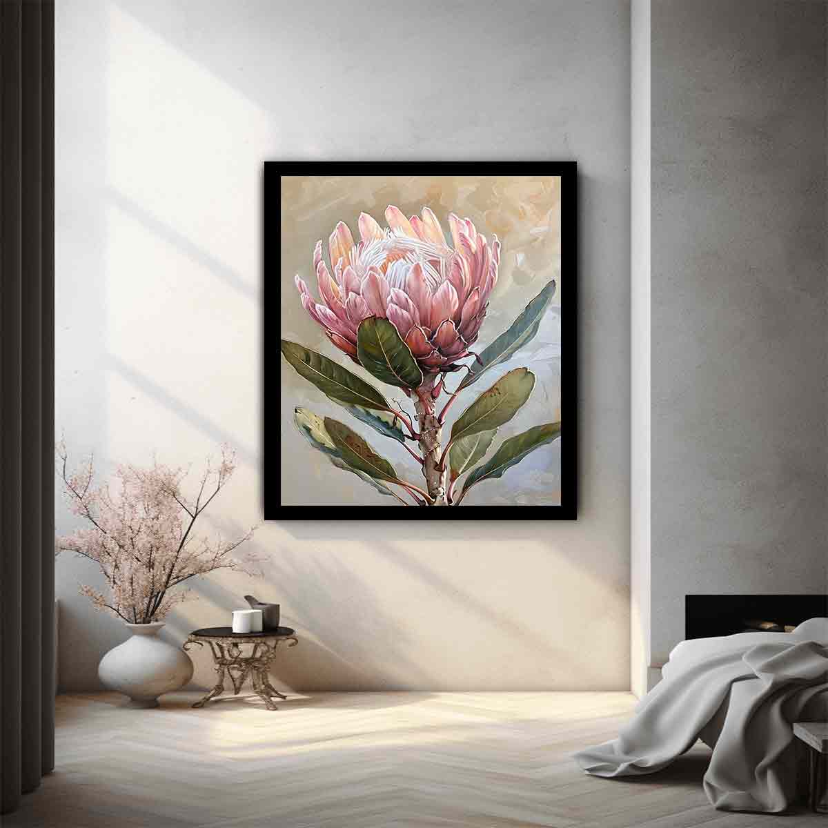 Blush protea botanical canvas art for elegant bedroom wall decor.