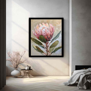 Blush protea botanical canvas art for elegant bedroom wall decor.