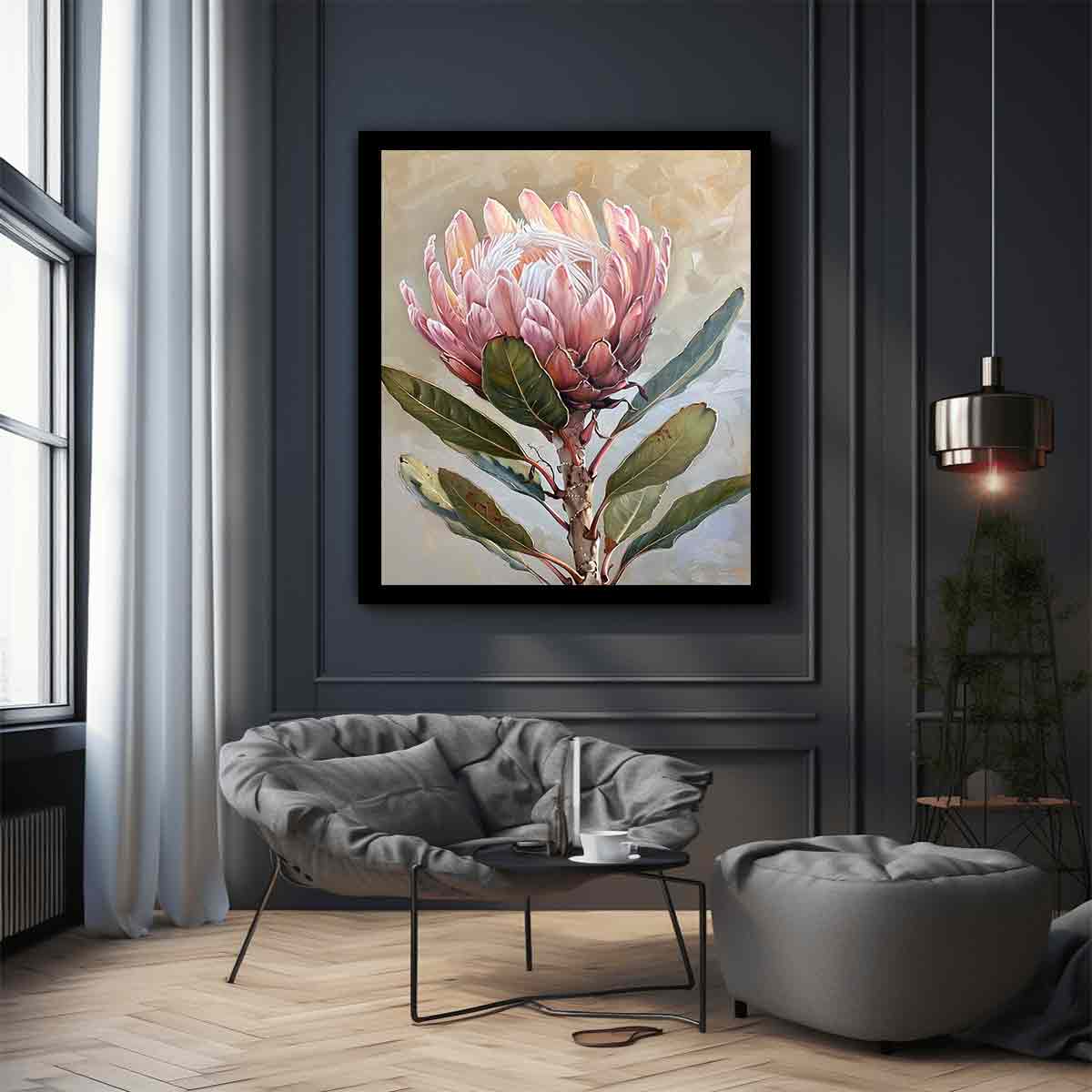 Blush protea botanical canvas art for elegant bedroom wall decor.