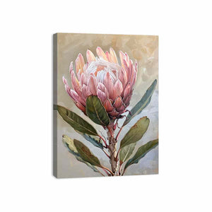 Blush protea botanical canvas art for elegant bedroom wall decor.