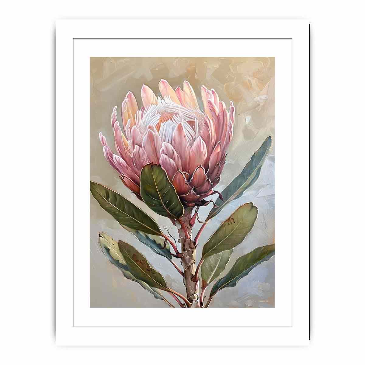 Blush protea botanical canvas art for elegant bedroom wall decor.