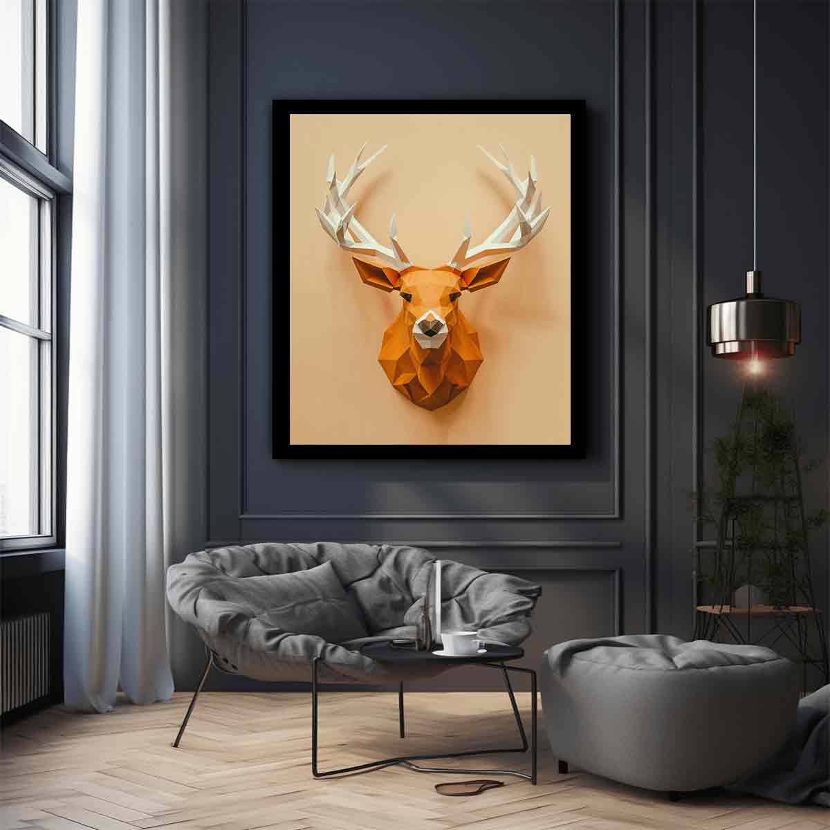 Geometric deer canvas art with antlers for modern entryway decor.