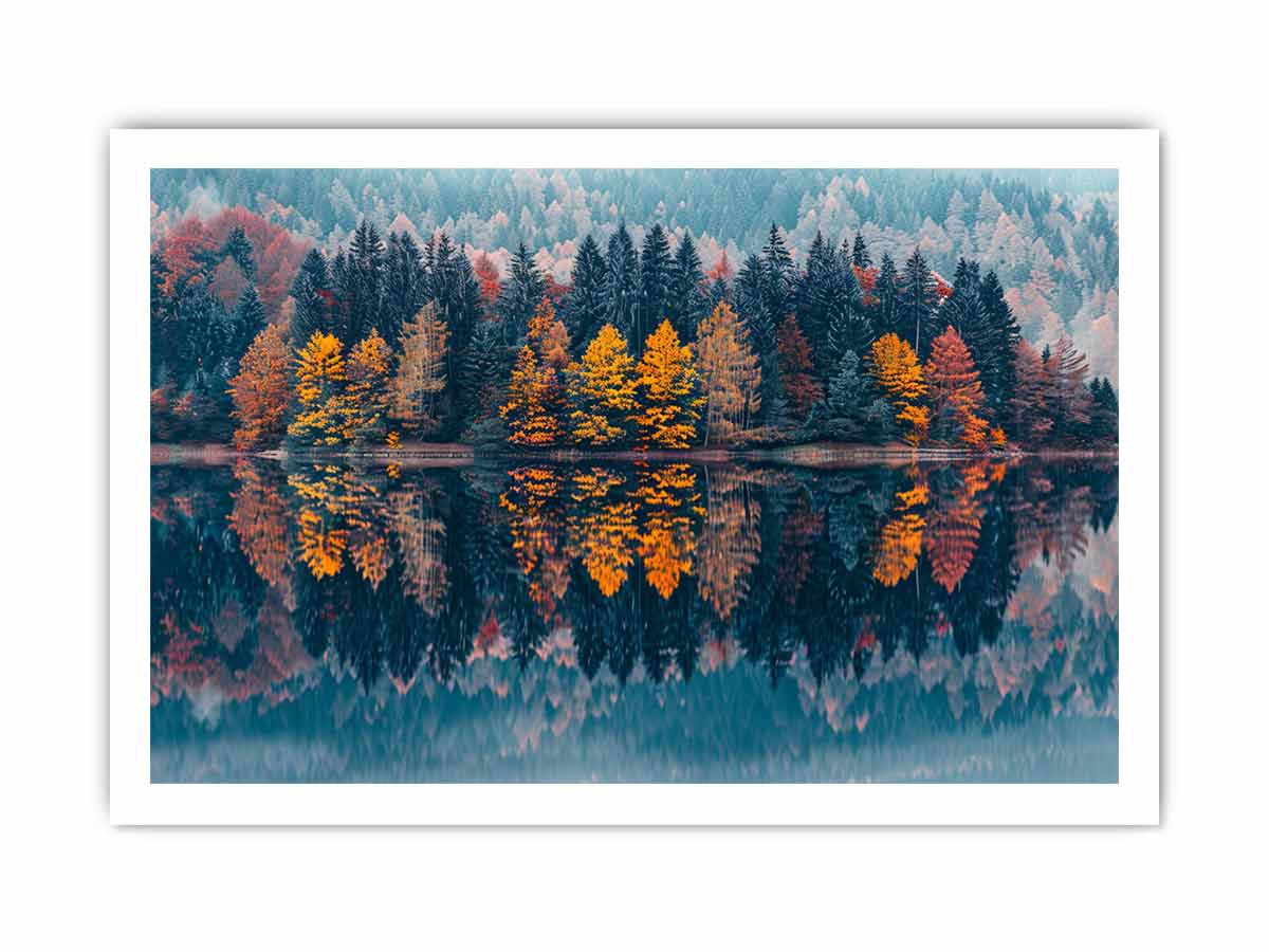 Autumn forest lake canvas art for serene panoramic living room decor.