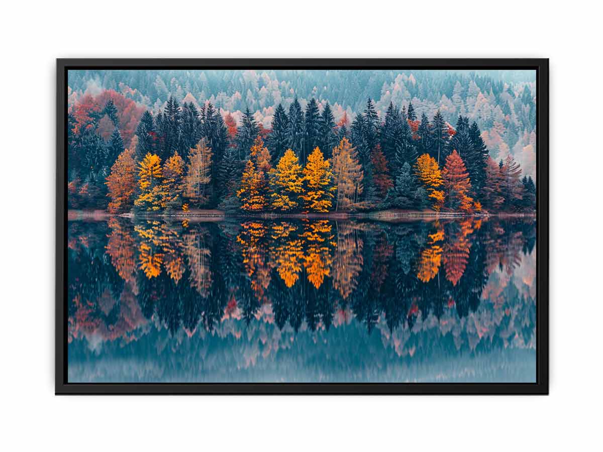 Autumn forest lake canvas art for serene panoramic living room decor.