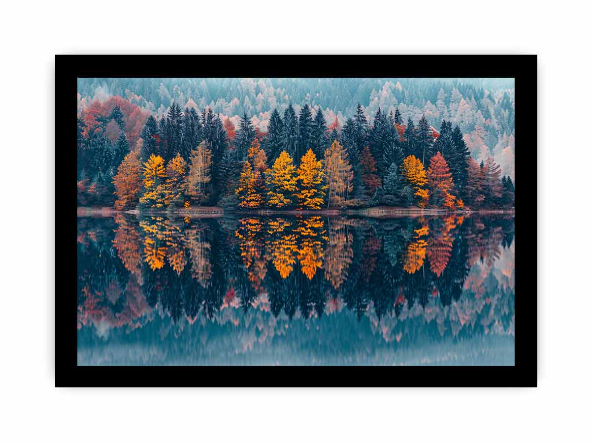 Autumn forest lake canvas art for serene panoramic living room decor.