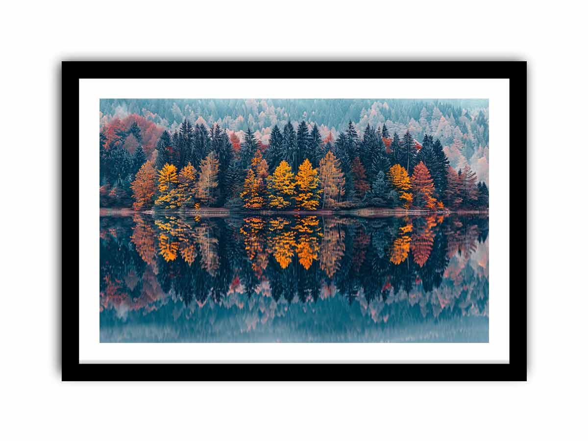 Autumn forest lake canvas art for serene panoramic living room decor.