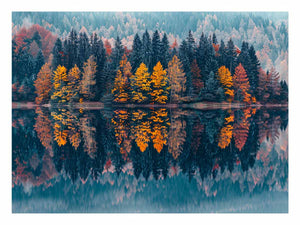 Autumn forest lake canvas art for serene panoramic living room decor.