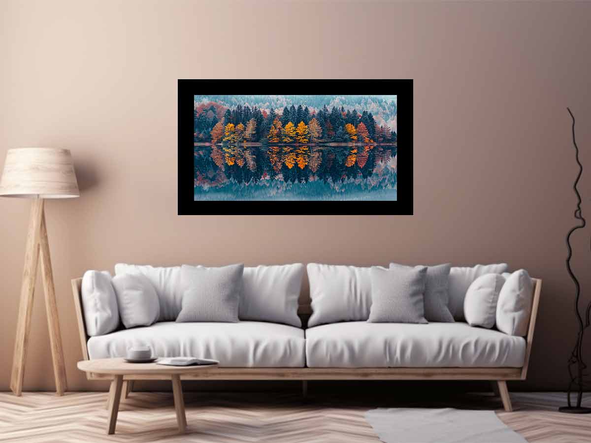 Autumn forest lake canvas art for serene panoramic living room decor.