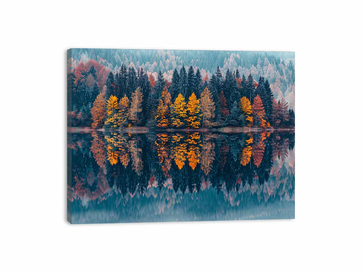 Autumn forest lake canvas art for serene panoramic living room decor.