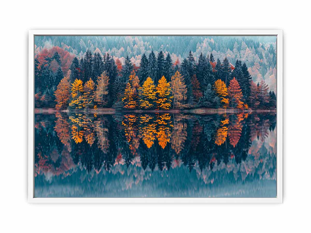 Autumn forest lake canvas art for serene panoramic living room decor.