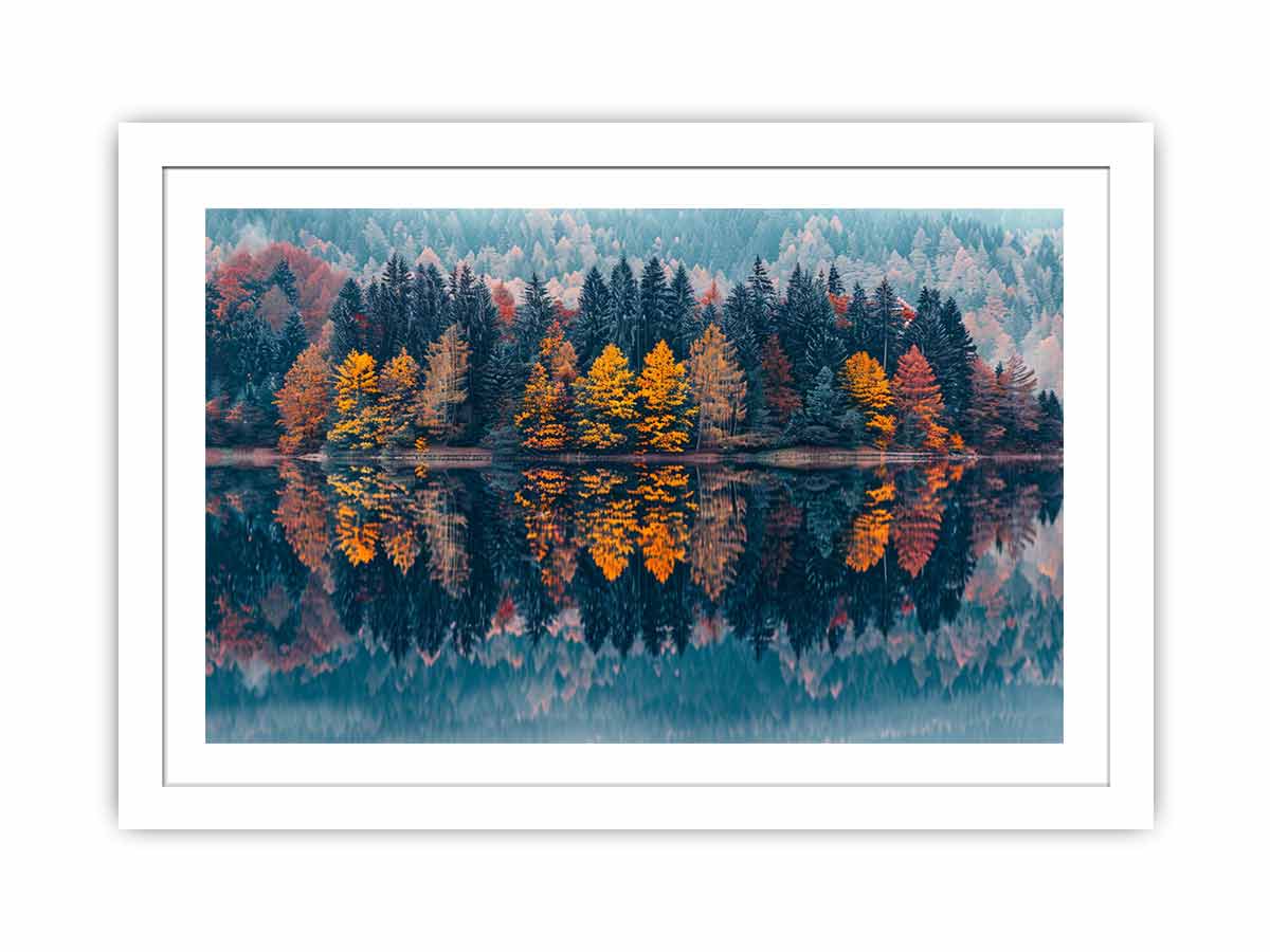 Autumn forest lake canvas art for serene panoramic living room decor.