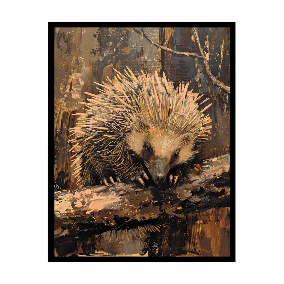 Woodland hedgehog canvas art for cozy rustic bedroom decor.