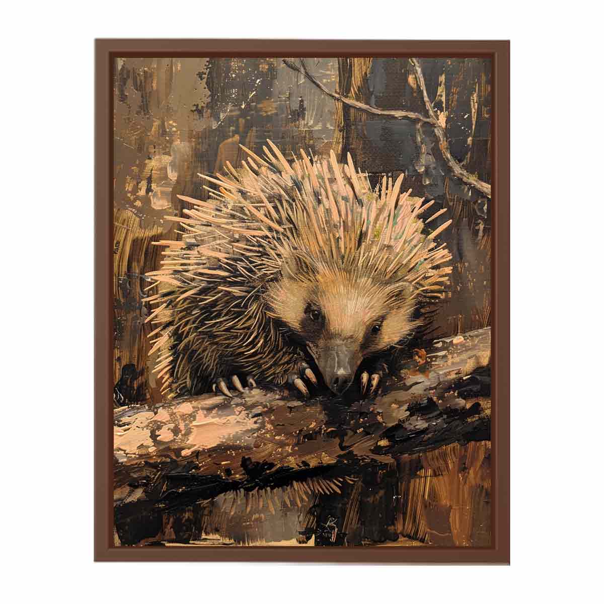 Woodland hedgehog canvas art for cozy rustic bedroom decor.