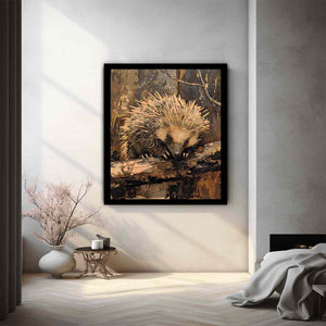 Woodland hedgehog canvas art for cozy rustic bedroom decor.