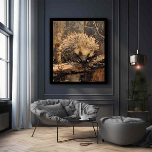 Woodland hedgehog canvas art for cozy rustic bedroom decor.