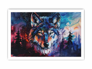 Colorful wolf canvas wall art for bold modern office or mancave decor.