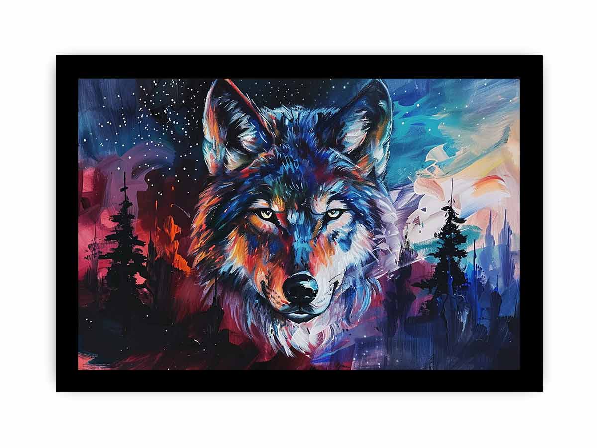 Colorful wolf canvas wall art for bold modern office or mancave decor.