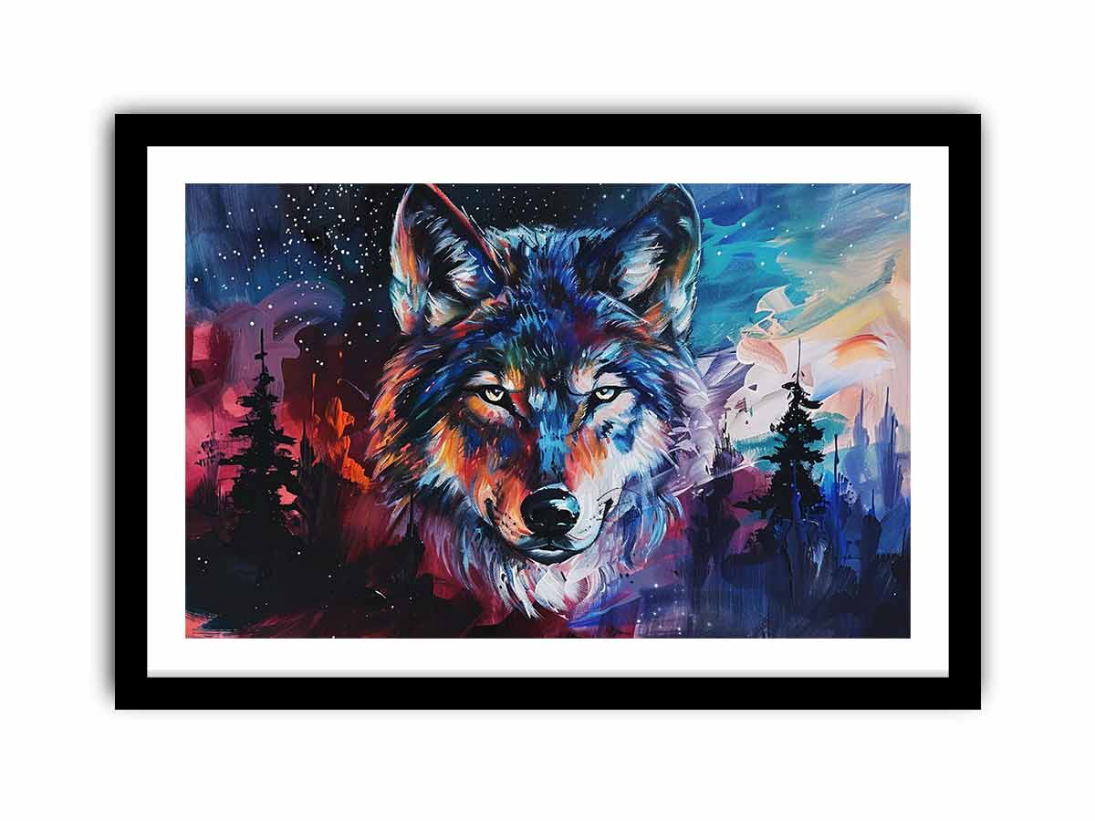 Colorful wolf canvas wall art for bold modern office or mancave decor.