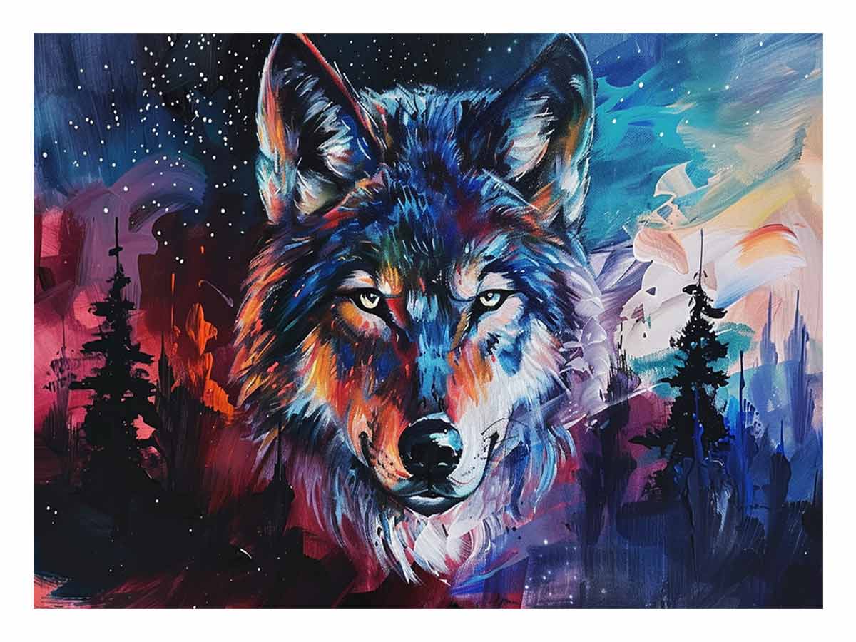 Colorful wolf canvas wall art for bold modern office or mancave decor.