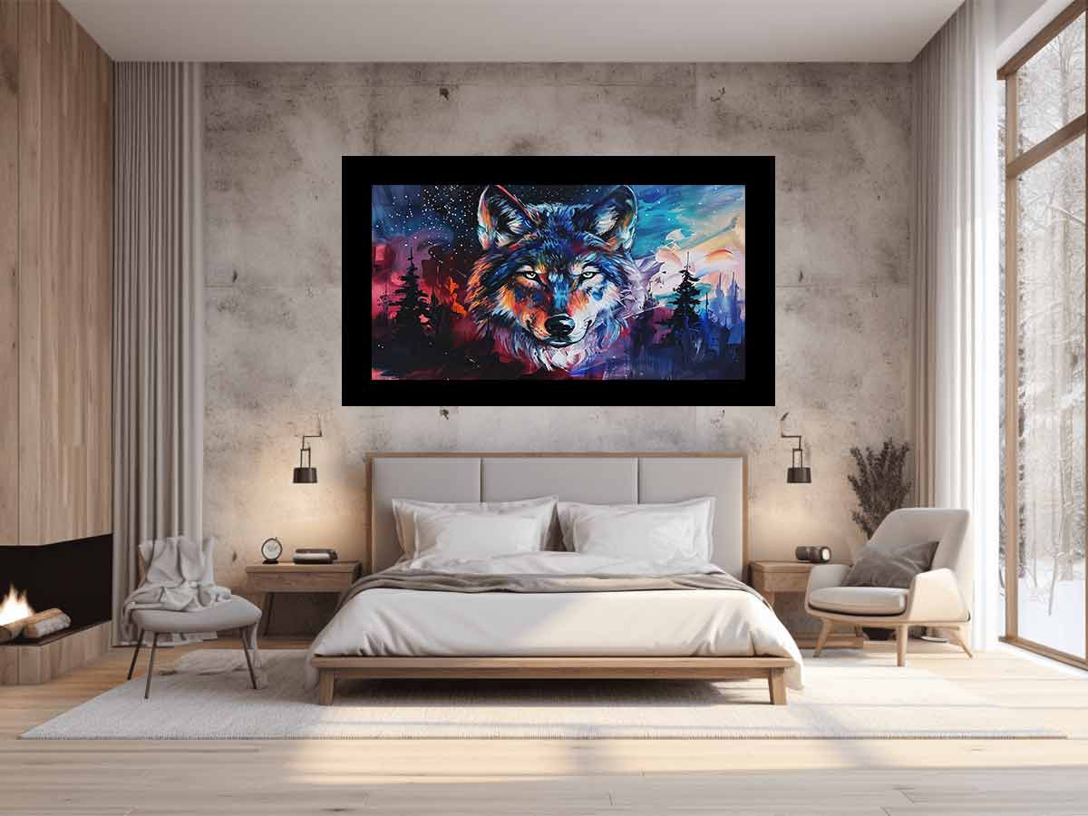 Colorful wolf canvas wall art for bold modern office or mancave decor.