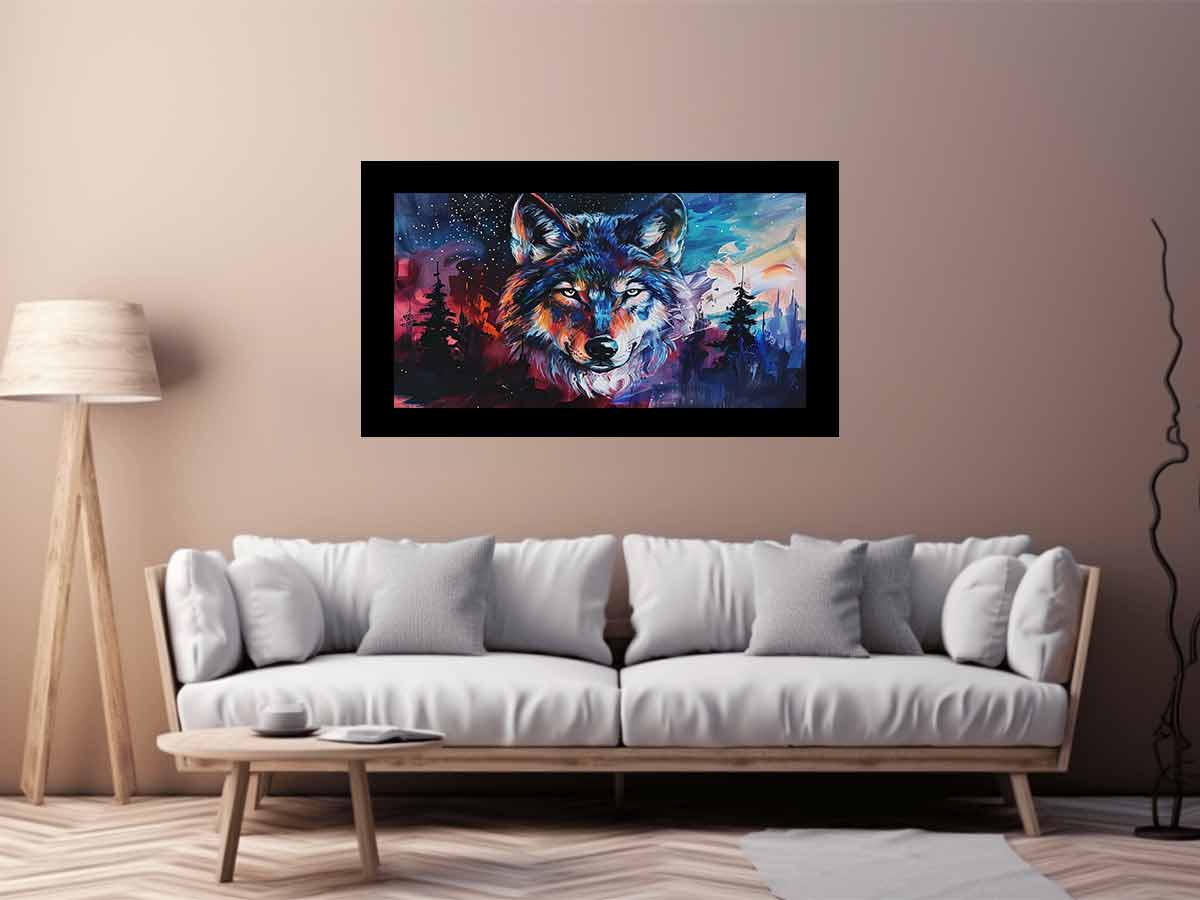 Colorful wolf canvas wall art for bold modern office or mancave decor.