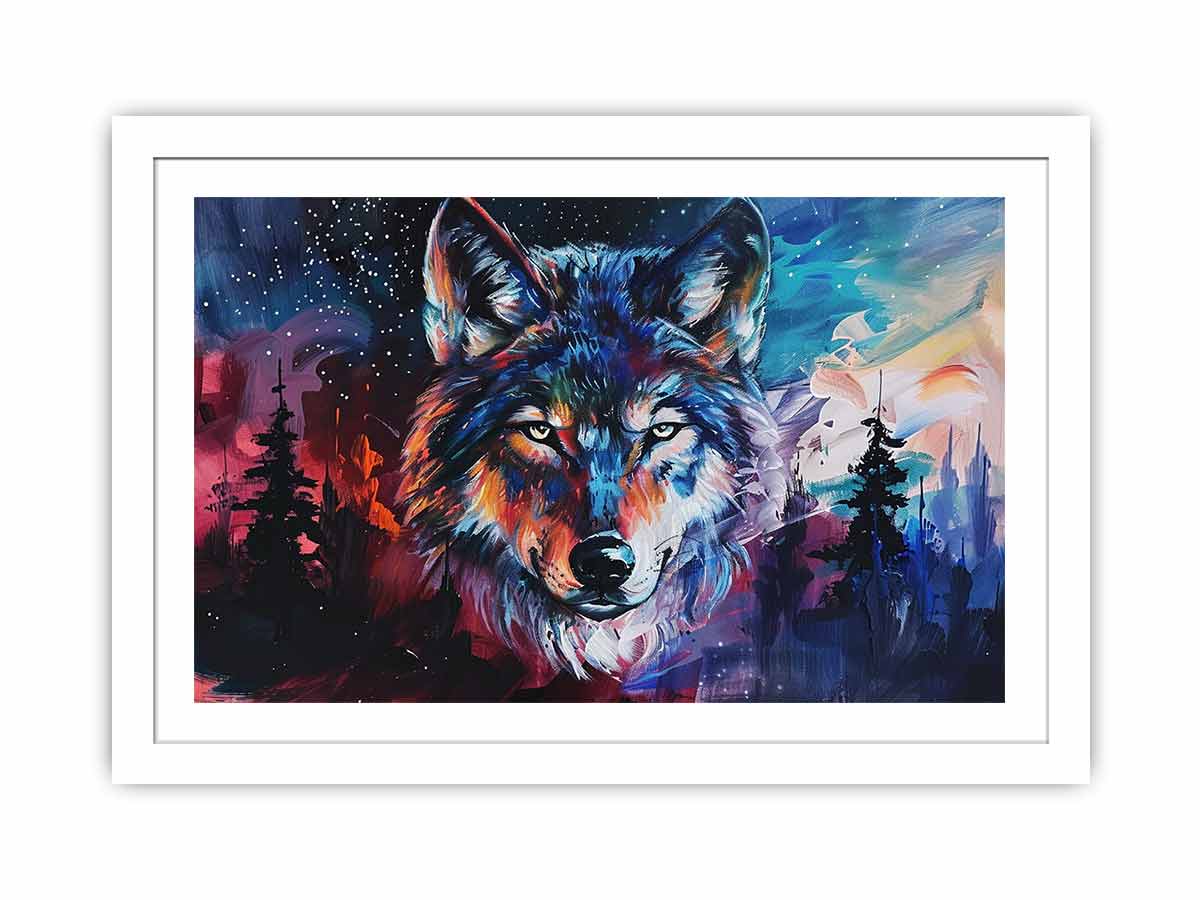 Colorful wolf canvas wall art for bold modern office or mancave decor.