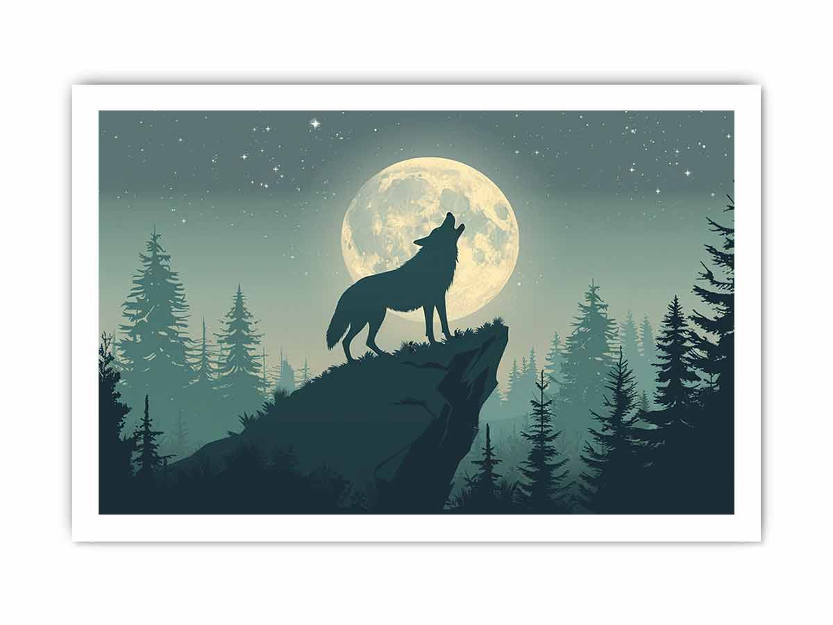 Moonlit wolf silhouette canvas art for peaceful bedroom wall decor.