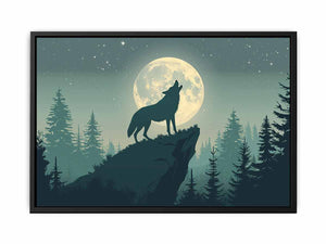 Moonlit wolf silhouette canvas art for peaceful bedroom wall decor.