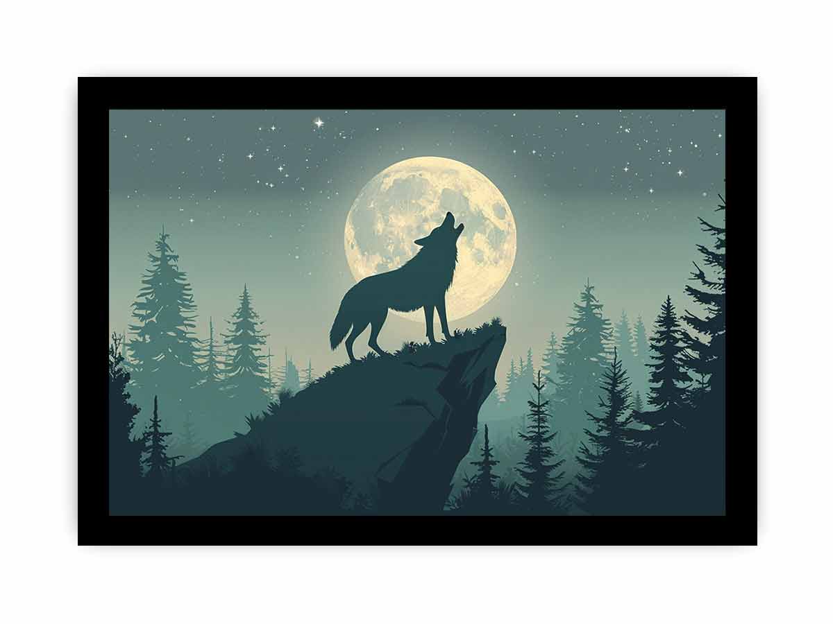 Moonlit wolf silhouette canvas art for peaceful bedroom wall decor.
