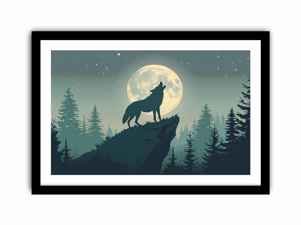 Moonlit wolf silhouette canvas art for peaceful bedroom wall decor.