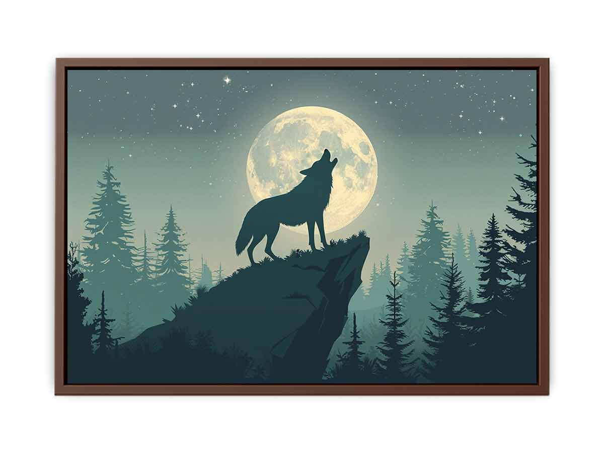 Moonlit wolf silhouette canvas art for peaceful bedroom wall decor.