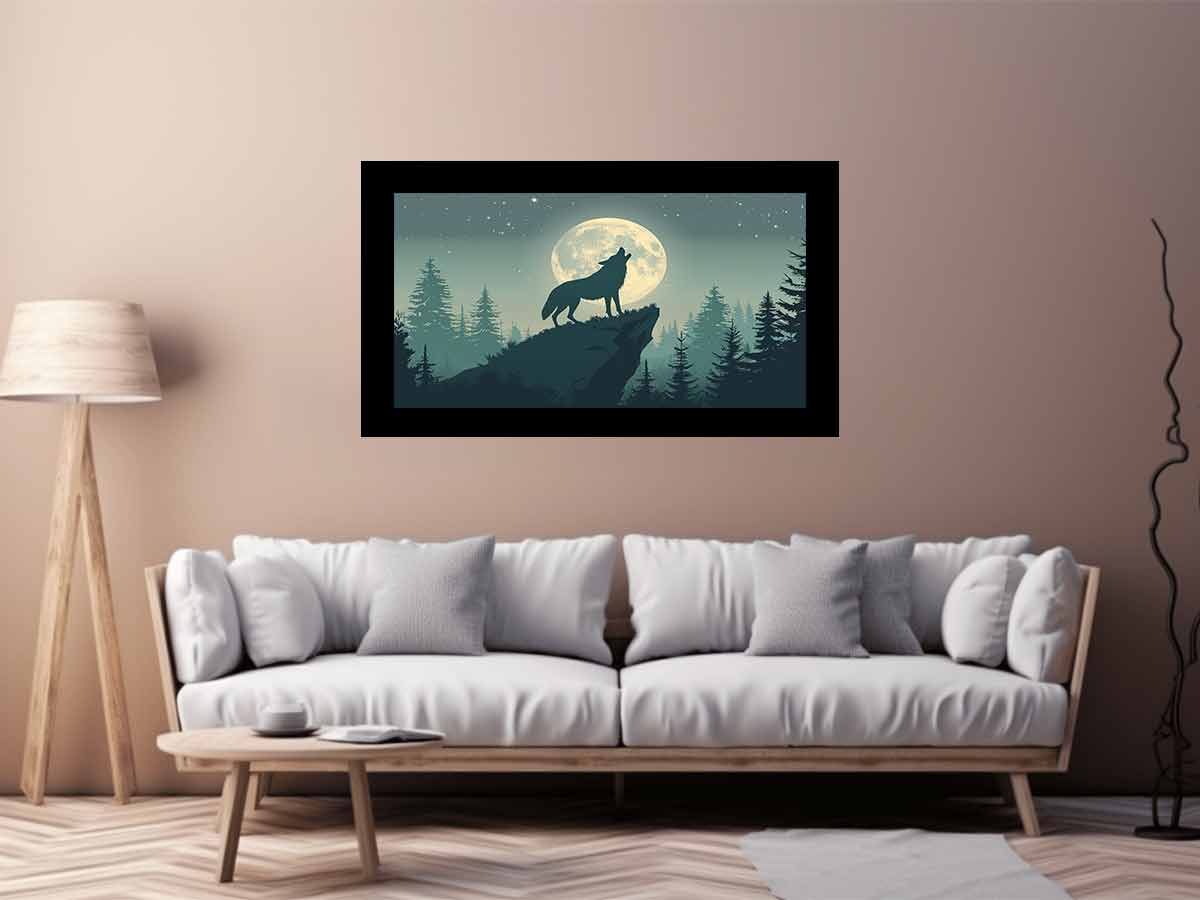 Moonlit wolf silhouette canvas art for peaceful bedroom wall decor.