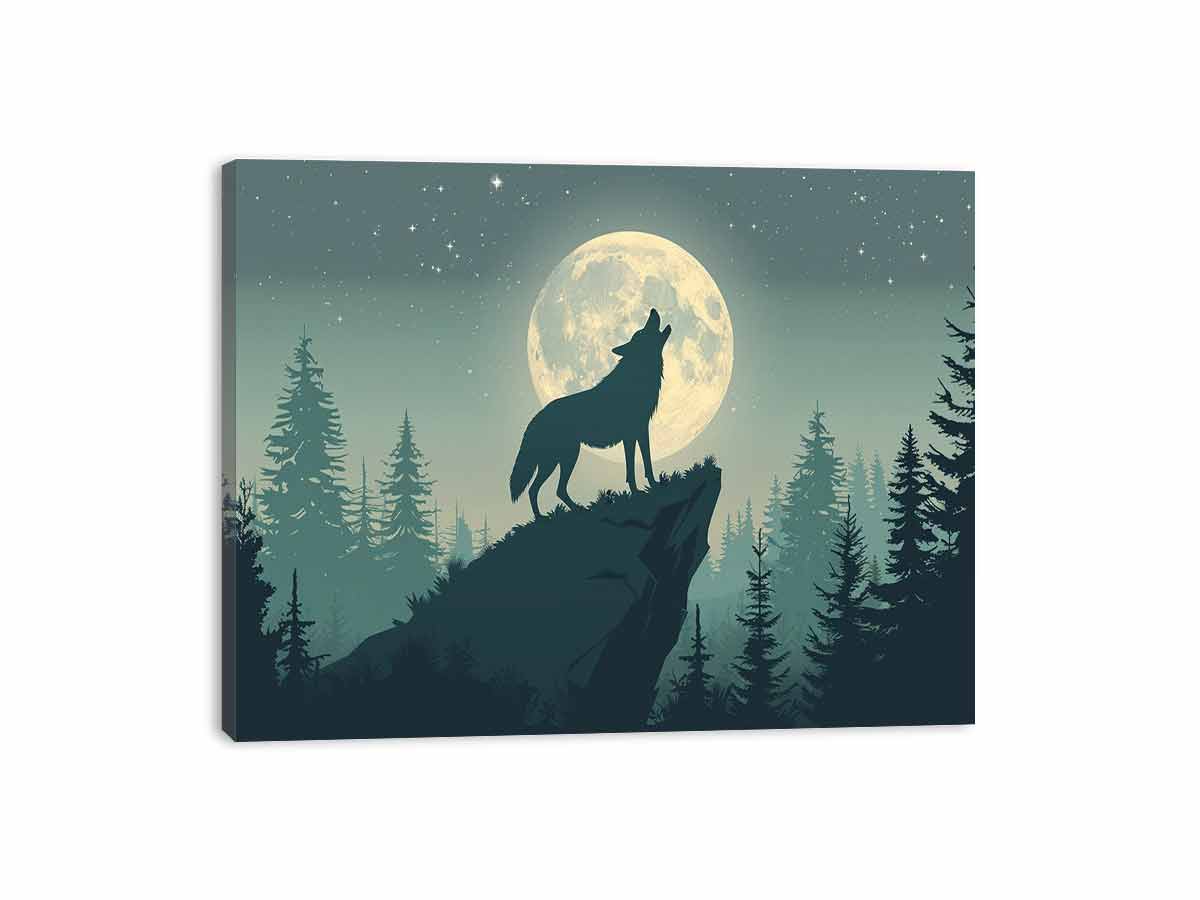 Moonlit wolf silhouette canvas art for peaceful bedroom wall decor.