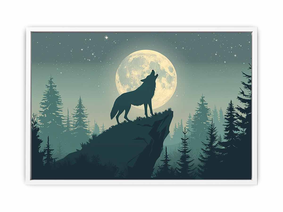 Moonlit wolf silhouette canvas art for peaceful bedroom wall decor.